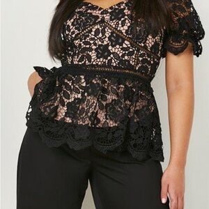 Boohoo Elegant Black Floral Lace Blouse Peplum